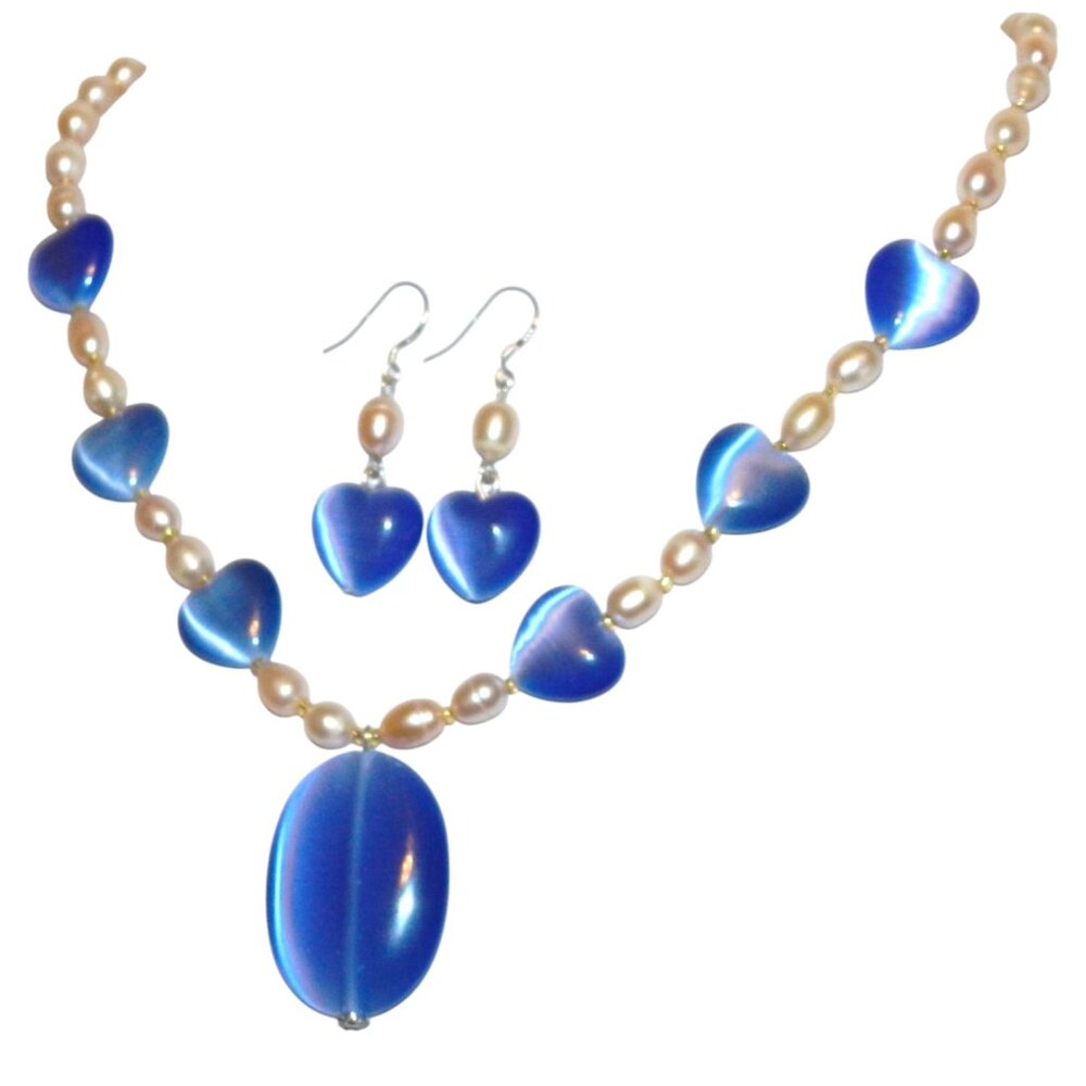 Handmade Blue Cat's Eye Pink Blush Pearl Gemstone Silver Necklace Earrings GN396